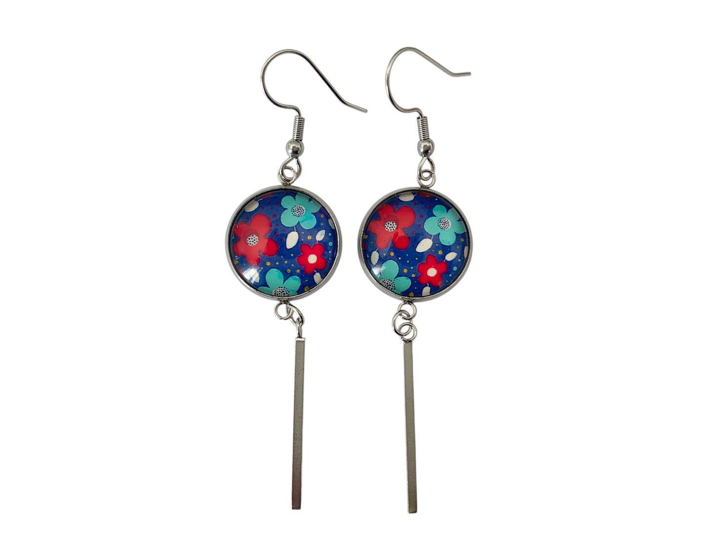 Boucles d'oreilles cabochon, pendantes, argentées, rondes, fleurs