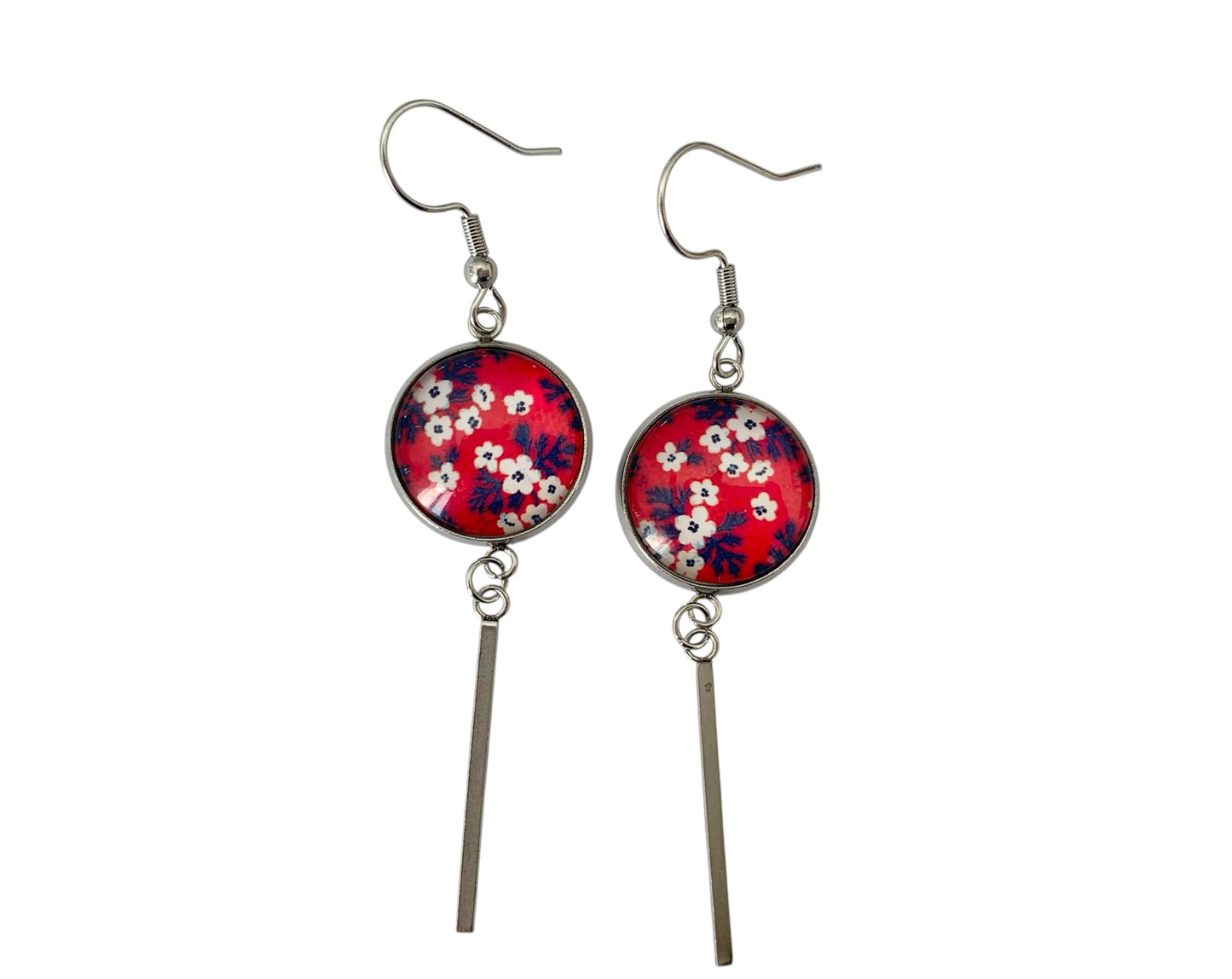 Boucles d'oreilles cabochon, pendantes, argentées, rondes, fleurs