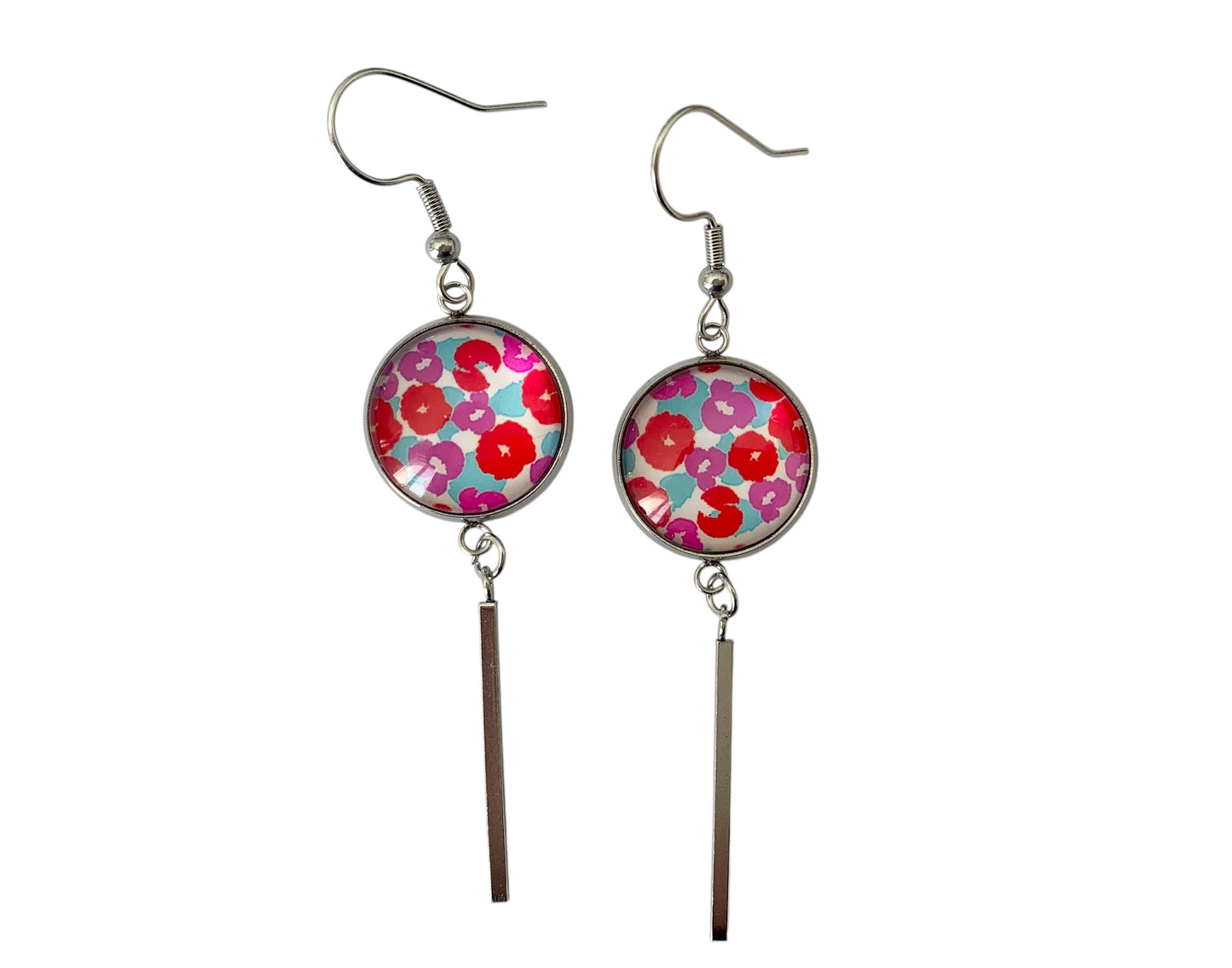 Boucles d'oreilles cabochon, pendantes, argentées, rondes, fleurs