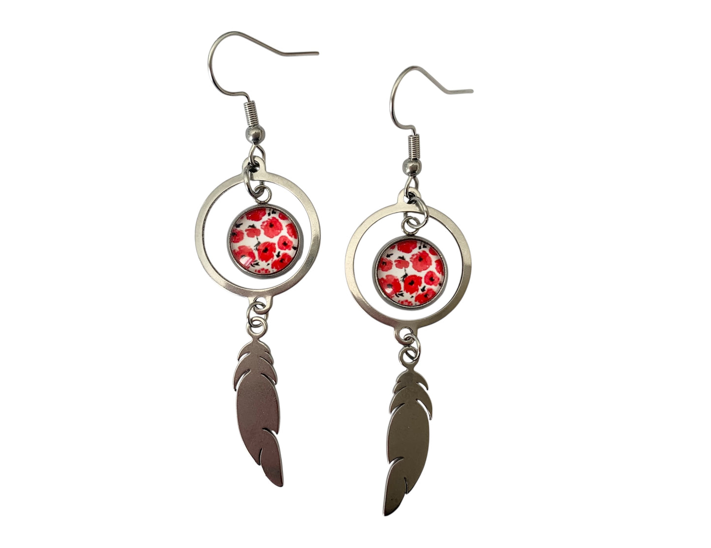 Boucles d'oreilles pendantes cabochon, anneaux, rondes, fleurs et plumes argentées