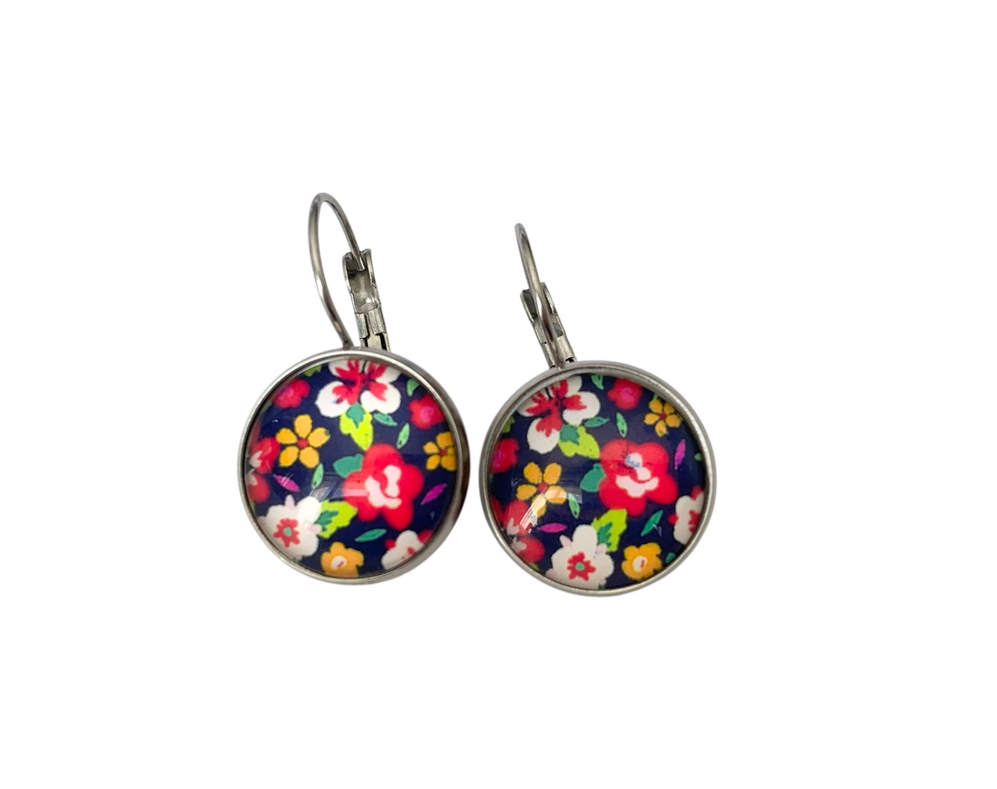 Boucles d'oreilles cabochon, dormeuses, argentées, rondes, fleurs, cabochon verre