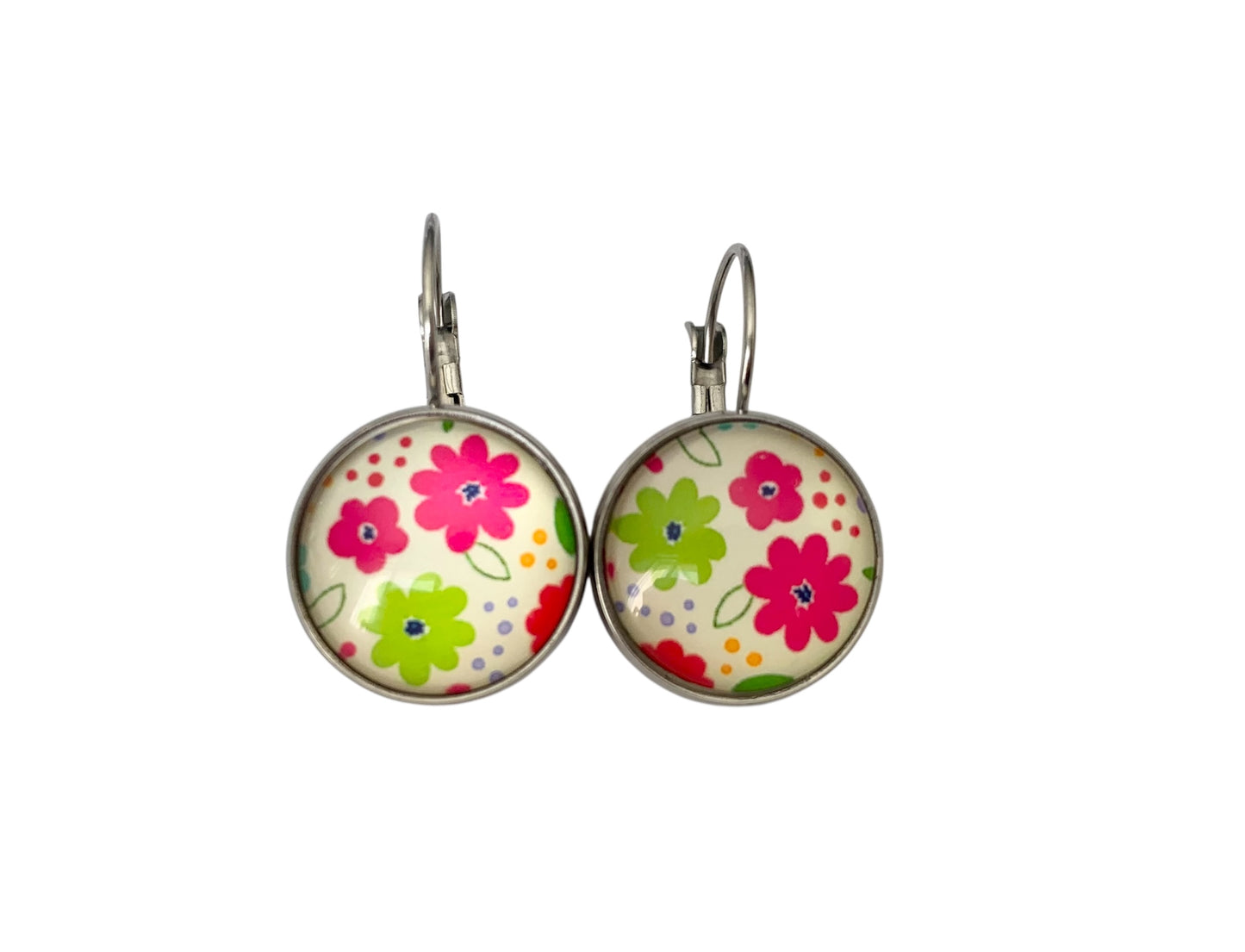 Boucles d'oreilles cabochon, dormeuses, argentées, rondes, fleurs, cabochon verre