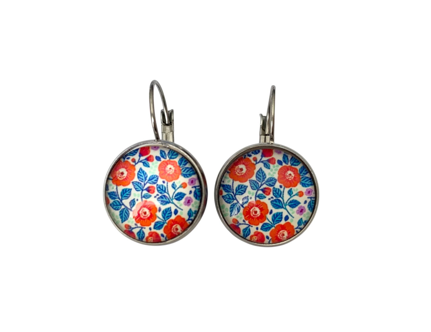 Boucles d'oreilles cabochon, dormeuses, argentées, rondes, fleurs, cabochon verre