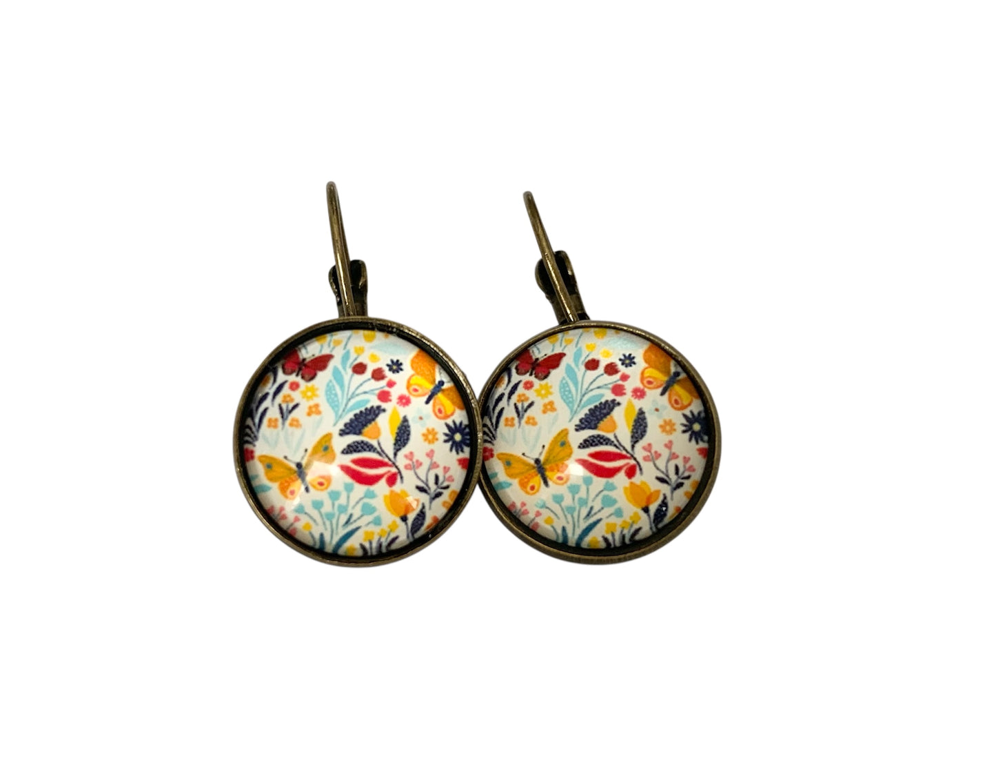 Boucles d’oreilles cabochon dormeuses, esprit végétal, fleurs, bronze
