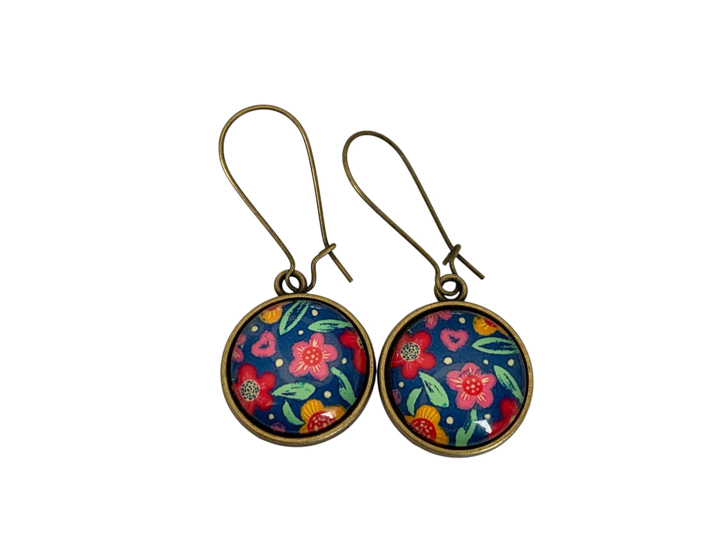 Boucles d'oreilles cabochon pendantes, fleurs, cabochons verre