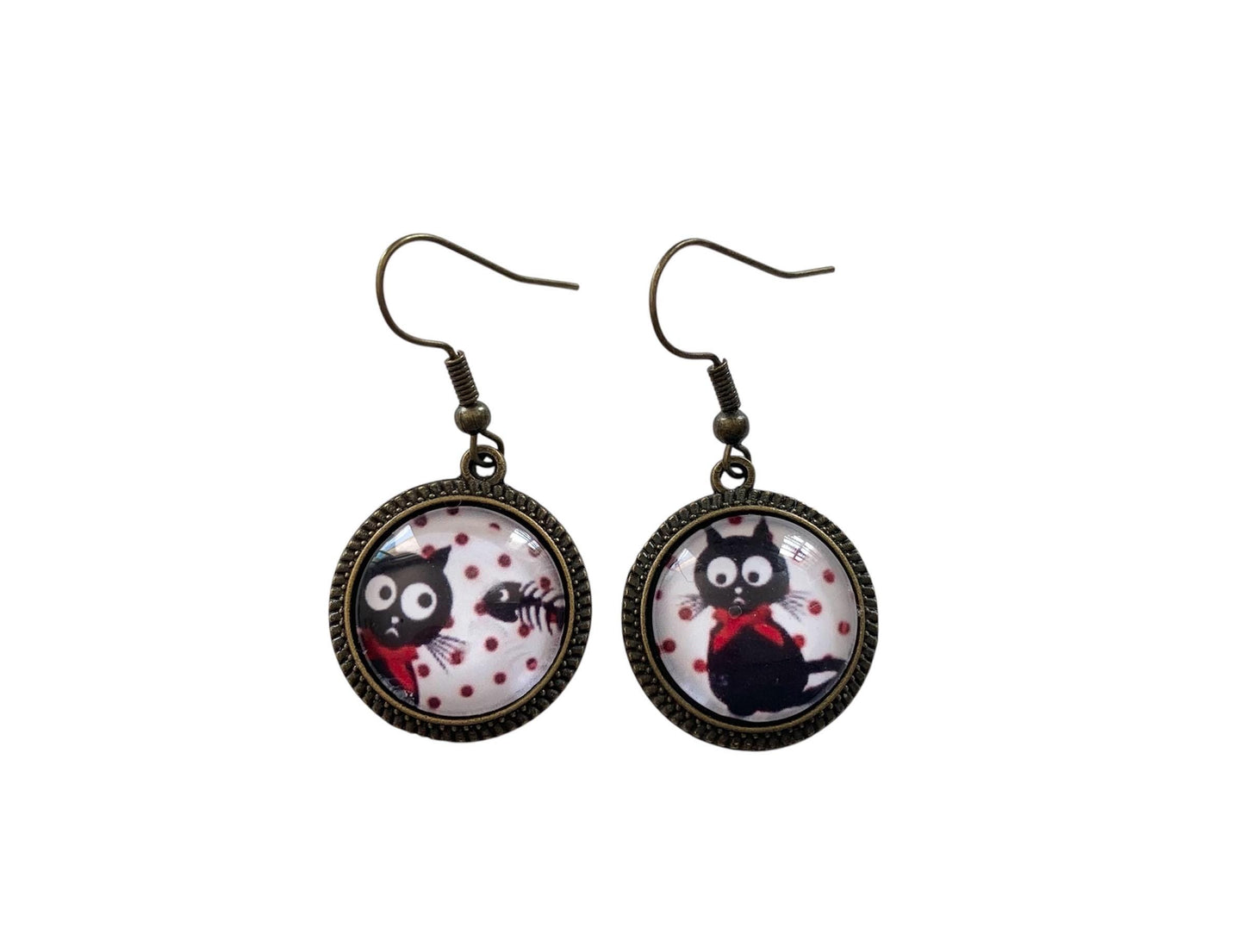 Boucles d’oreilles cabochon pendantes, bronze, chats et poissons, cabochon verre