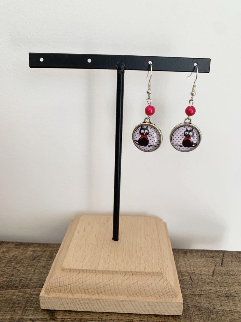 Boucles d'oreilles rondes, chat, cabochon verre