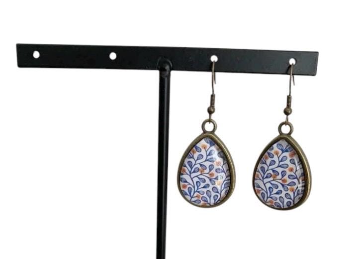Boucles d’oreilles cabochon bronze, gouttes, feuillage, fleurs, tendance, cabochon verre