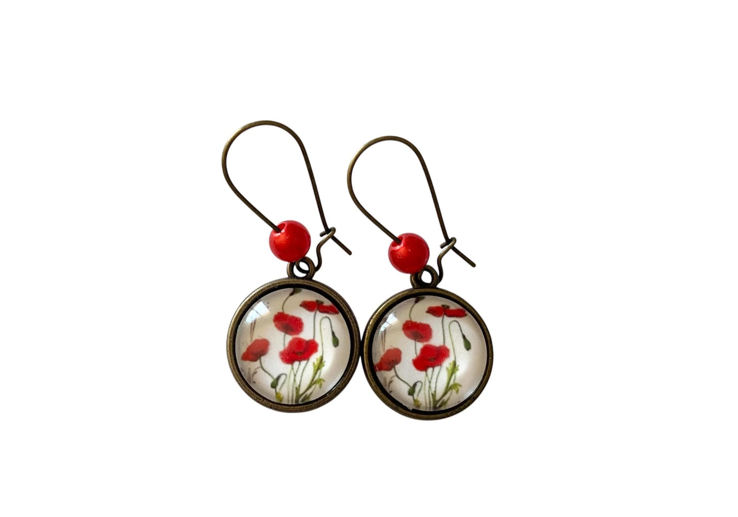 Boucles d'oreilles rondes, végétal, coquelicots rouges, cabochon verre