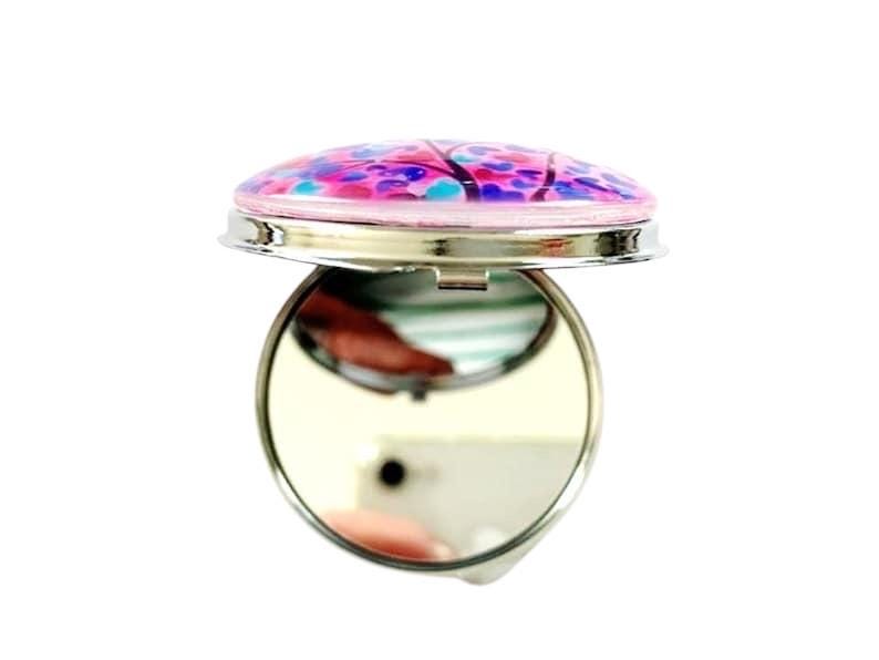Miroir de poche, miroir de sac, décoré avec cabochon en verre, arbre de vie rose