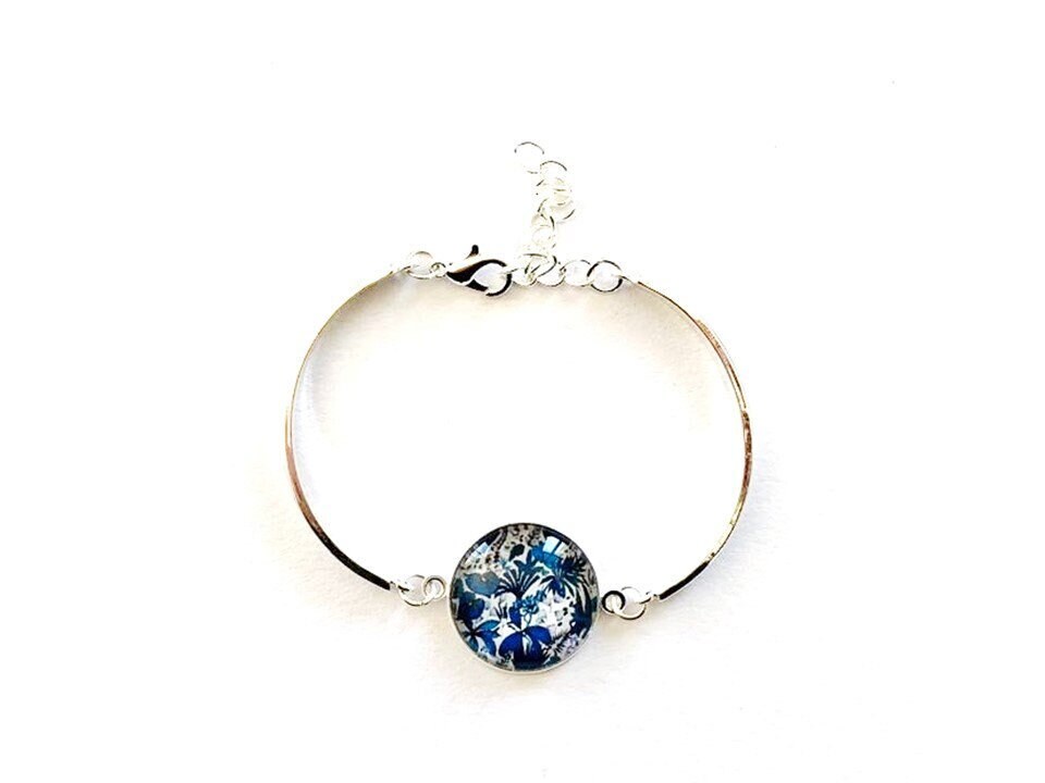Bracelet, cabochon en verre, argenté, fleurs tropicales bleues