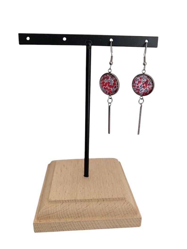 Boucles d'oreilles cabochon, pendantes, argentées, rondes, petites fleurs rouges