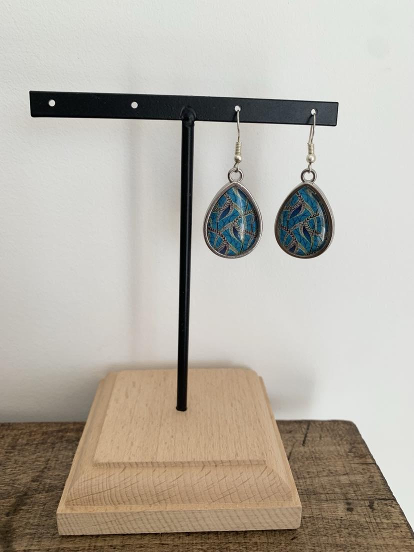 Boucles d’oreilles cabochon argentées, gouttes, esprit végétal, vert, tendance, cabochon verre