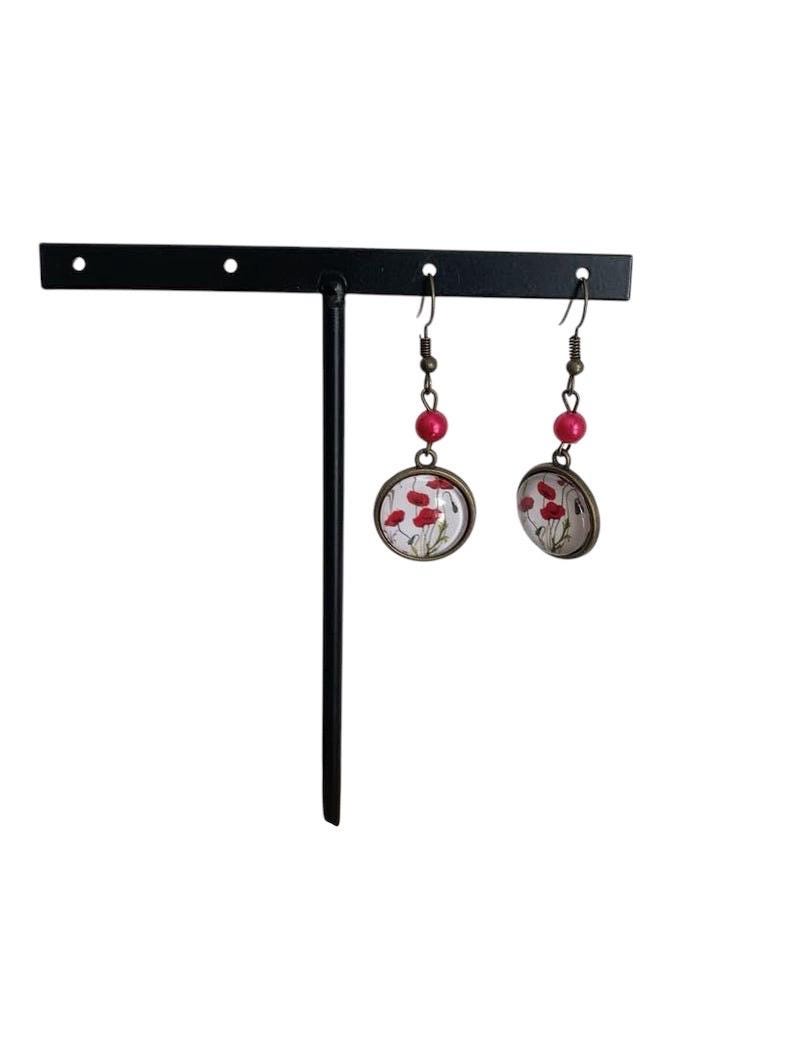 Boucles d'oreilles rondes, végétal, coquelicots rouges, cabochon verre