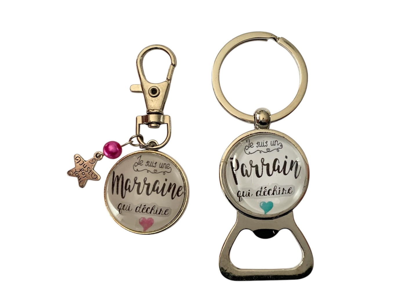 Duo de porte clé décapsuleur et mousqueton ; annonce naissance, demande parrain marraine