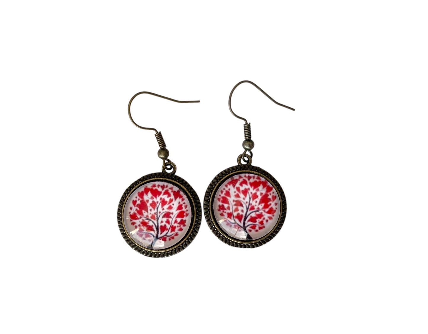 Boucles d'oreilles pendantes, bronze, arbre de vie coeurs, cabochons verre