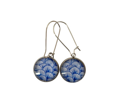 Boucles d'oreilles pendantes, rondes, éventail, fleurs bleues, cabochon en verre