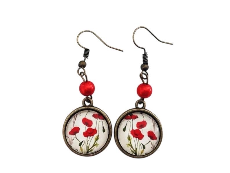 Boucles d'oreilles rondes, végétal, coquelicots rouges, cabochon verre