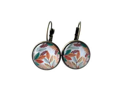 Boucles d’oreilles cabochon dormeuses, esprit végétal, feuillage automne, bronze