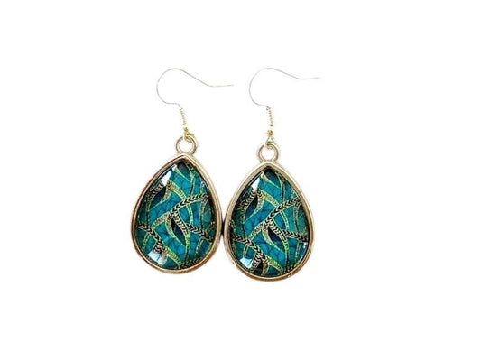 Boucles d’oreilles cabochon argentées, gouttes, esprit végétal, vert, tendance, cabochon verre