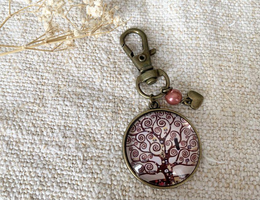 Porte clé, bijou de sac, bronze, arbre de vie, klimt, cabochon verre