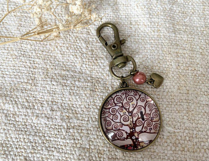 Porte clé, bijou de sac, bronze, arbre de vie, klimt, cabochon verre