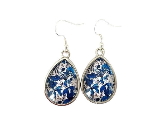 Boucles d'oreilles pendantes gouttes, argentées, fleurs, esprit tropical, cabochon verre