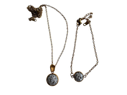 Coffret collier et bracelet assorti, doré, acier inoxydable, cabochon paillettes