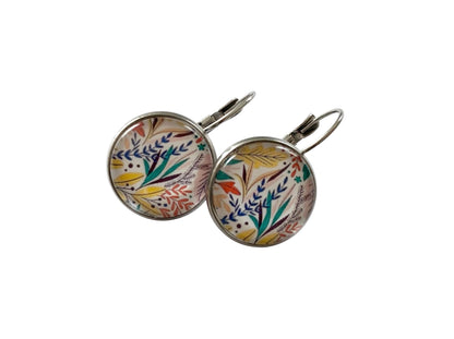 Boucles d'oreilles cabochon, dormeuses, argentées, rondes, feuillage, automne, cabochon verre