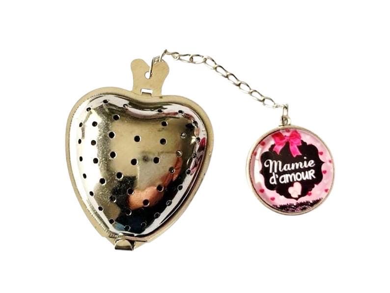 Infuseur à thé, boule à thé, forme coeur, avec pendentif cabochon en verre