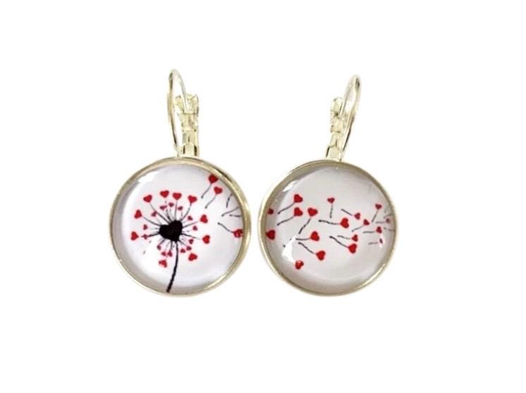 Boucles d’oreilles cabochon dormeuses, pissenlits, asymétriques