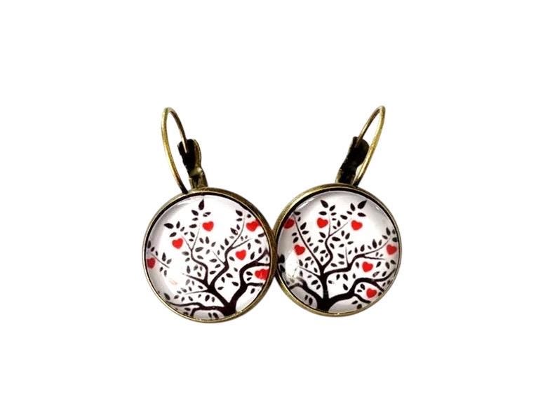 Boucles d'oreilles bronze, dormeuses, arbre de vie et coeurs,  cabochons verre