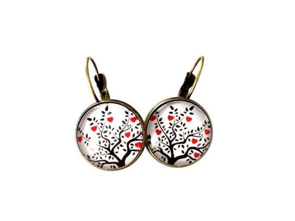 Boucles d'oreilles bronze, dormeuses, arbre de vie et coeurs,  cabochons verre