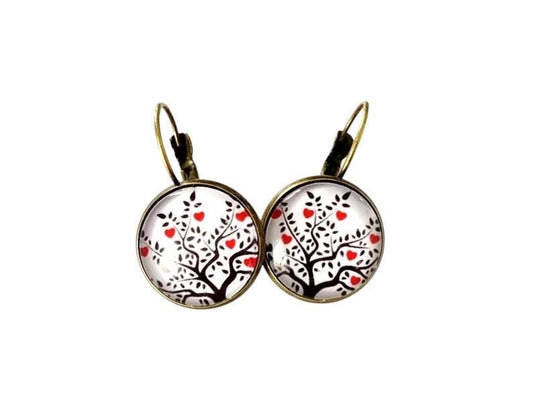 Boucles d'oreilles bronze, dormeuses, arbre de vie et coeurs,  cabochons verre