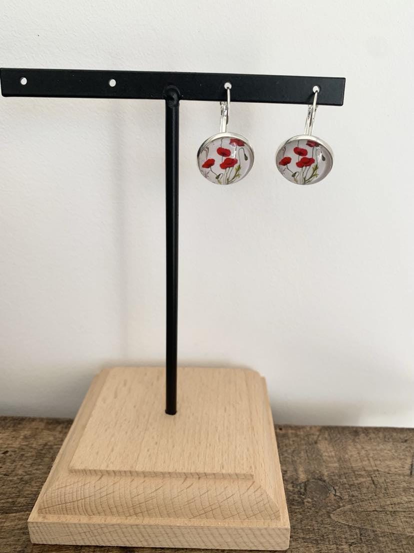 Boucles d’oreilles cabochon dormeuses, fleurs, romantique, coquelicots, esprit japonnais,