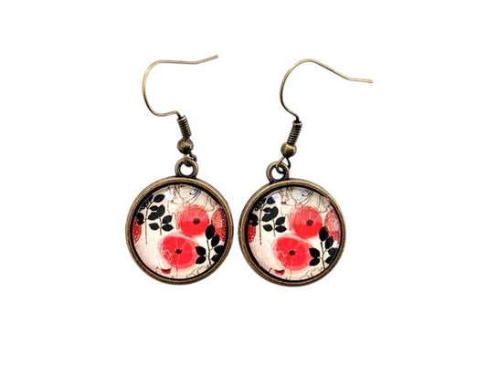 Boucles d'oreilles rondes, coquelicots, cabochon verre