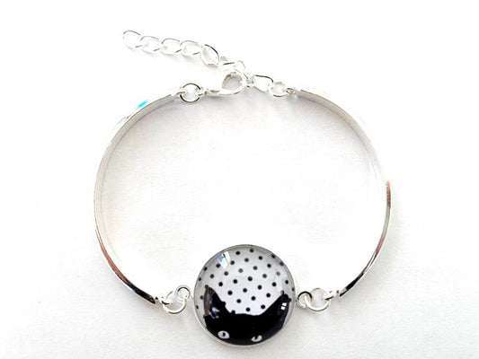 Bracelet, cabochon en verre, argenté, pois et chat
