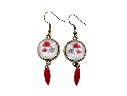 Boucles d’oreilles pendantes bronze, coquelicots et pissenlits, pendentif émaillé, tendance, cabochon verre