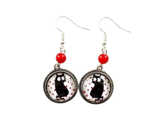 Boucles d'oreilles rondes, chat, cabochon verre