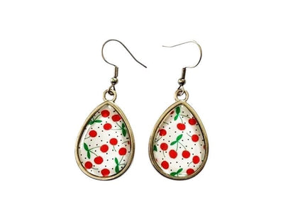Boucles d'oreilles pendantes gouttes, argentées, cerises, cabochon verre