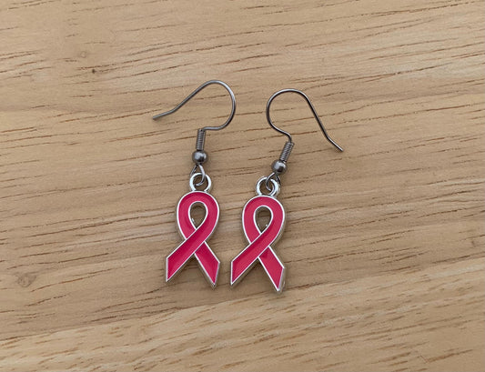 Boucles d'oreilles pendantes pendentif ruban rose, octobre rose, lutte contre le cancer