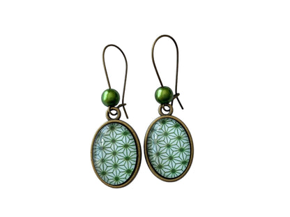 Boucles d’oreilles ovales, vintage, motif étoilé, bronze, cabochon en verre