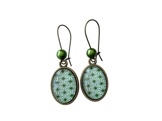 Boucles d’oreilles ovales, vintage, motif étoilé, bronze, cabochon en verre