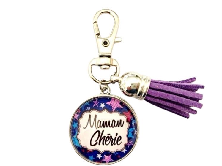 Porte clé ou bijou de sac,  maman chérie, cabochon en verre