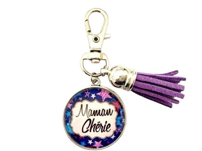 Porte clé ou bijou de sac,  maman chérie, cabochon en verre