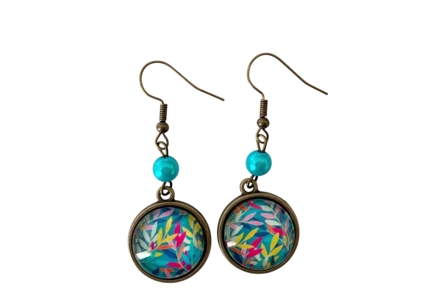 Boucles d'oreilles rondes, végétal, feuillage multicolore, cabochon verre