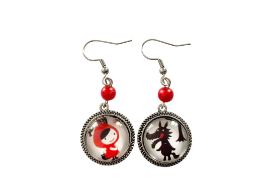 Boucles d'oreilles rondes, chaperon rouge et loup, cabochon verre