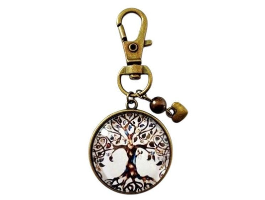 Porte clé, bijou de sac, bronze, arbre de vie, cabochon verre