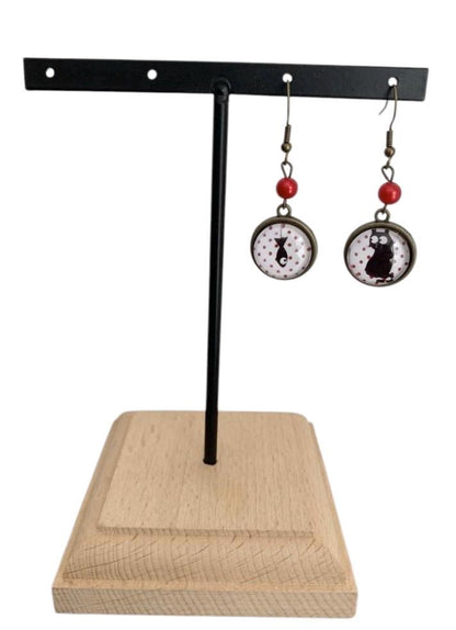 Boucles d'oreilles rondes, chat et poisson, cabochon verre