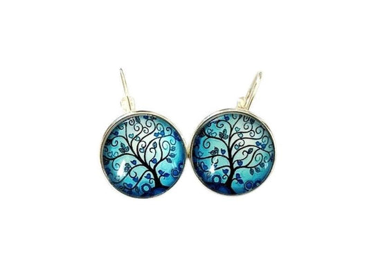 Boucles d'oreilles cabochon, dormeuses, argentées, rondes, arbre de vie et petits oiseaux, cabochon verre